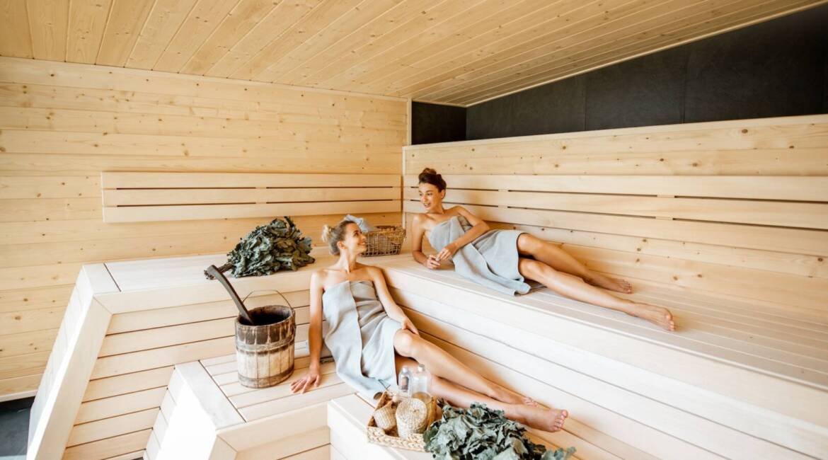Girlfriends relaxing in the sauna